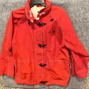 Vtg DKNY Jacket Mens Small Red Lined Lobster Clasp Hooded Full Zip 90s y2k